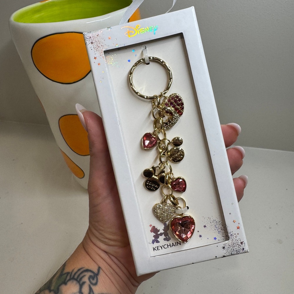 Disney LA Rocks Mickey Mouse Heart Crystal Rhinestone Gold Tone Keychain NIB